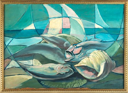Lucio Venna Landsmann Natura morta con pesci. Olio su tela. cm 50x70. Firmato...