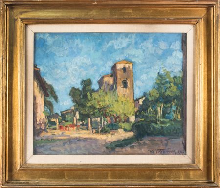 Umberto Vittorini Cascinale toscano.1926Olio su tavola. cm 41,5x52. Firmato e...