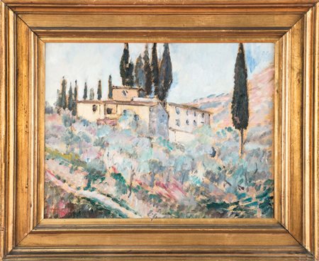 Umberto Vittorini Fattoria toscana (Settignano).1927Olio su cartone. cm...