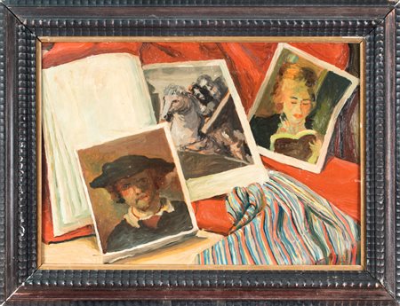 Luigi Zago Natura morta con riproduzioni di opere d'arte. &nbsp;Olio su...