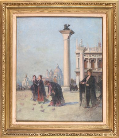 Alessandro Zezzos Scena veneziana. Olio su tela. cm 71x58,5. Il respiro...