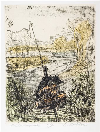 Luigi Bartolini Pescatore d'acqua dolce.1936Acquaforte colorata. mm 320x245....