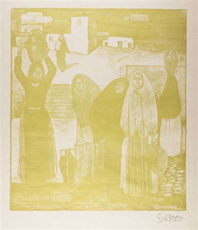 Giuseppe Biasi Donne presso una fonte.1934 ca.Linoleografia in inchiostro...