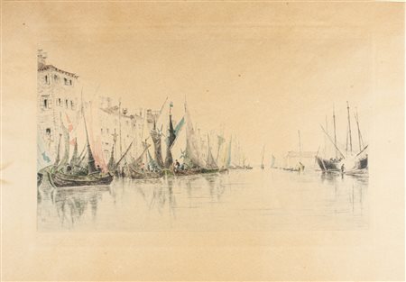 John Henry Bradley The Quay Chioggia.1880 ca.Acquaforte acquerellata. mm...