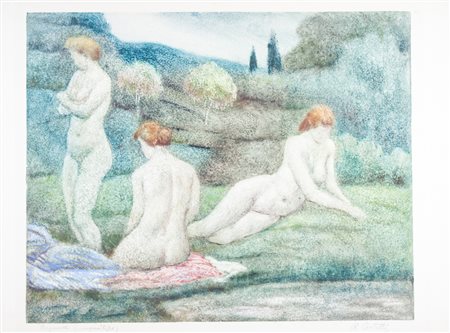 Romeo Costetti Bagnanti. Monotipo a colori. mm 460x575. Foglio: mm 505x675.