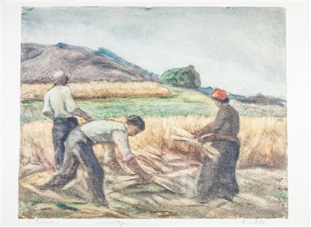 Romeo Costetti La trebbiatura. Monotipo a colori. mm 460x575. Foglio: mm...