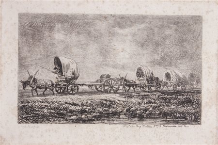 Charles François Daubigny Les charettes de roulage.1848Acquaforte. mm...