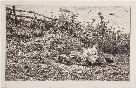 Charles François Daubigny La poule et ses poussins.1860Acquaforte. mm...