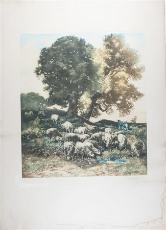 Louis-Etienne Dauphin Paesaggio con canale. &nbsp;Acquatinta a colori. mm...