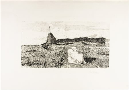 Giovanni Fattori Pio bove. Acquaforte su zinco. mm 175x329. Foglio: mm...