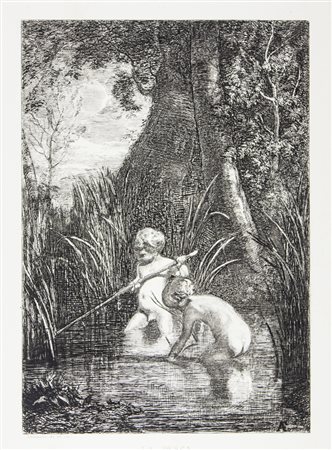 Antonio Fontanesi La pesca.1864Acquaforte su velina applicata. mm 260x166....