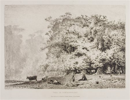 Paul Huet Pres de Fontainebleau. Acquaforte. mm 230x310. Foglio: mm 340x515....