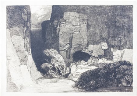 Rudolf Jettmar Felslandschaft mit Laubbaumen.1902Acquaforte. mm 280x395....