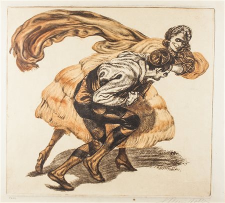 Alois Kolb Tanz. Acquaforte e vernice molle acquerellata. mm 340x365. Foglio:...