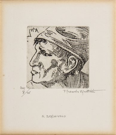 Alberto Martini Il boscaiolo.1898Acquaforte. mm 70x70. Foglio: mm 215x160....