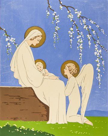 Giovanni Meschini Madonna col bambino e un angelo. Incisione colorata a...