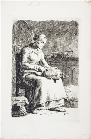 Jean-François Millet La cardeuse.1855-56.Acquaforte. mm 258x175. Foglio: mm...
