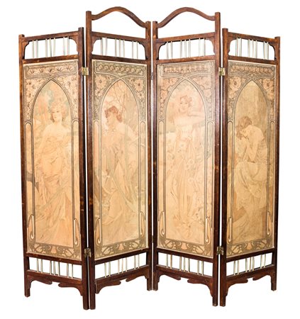 Alphonse Mucha Paravento con le quattro litografie Les heures du...