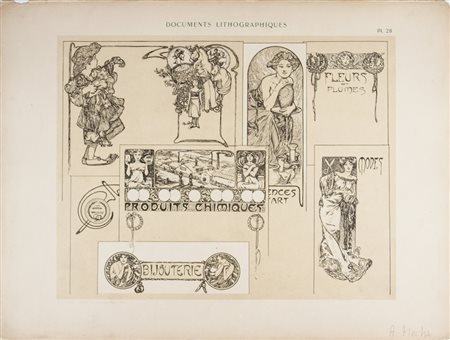 Alphonse Mucha Modelli decorativi.1900 ca.Litografia in marrone. mm 220x280....