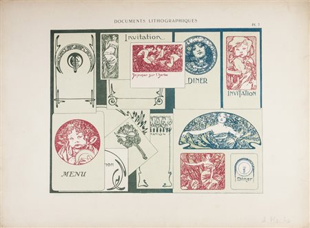 Alphonse Mucha Modelli decorativi per inviti e menu.1900 ca.Litografia a...
