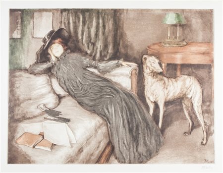 Alfredo Müller La Nonchalante.1903&nbsp;Acquaforte e acquatinta a colori. mm...