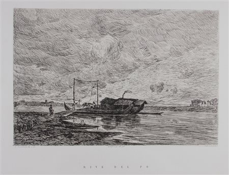 Ernesto Pochintesta Rive del Po.1873Acquaforte. Parte incisa: 157x240....