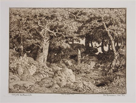 Théodore Rousseau Chenes de roche.1861Acquaforte. mm 135x210. Foglio: mm...