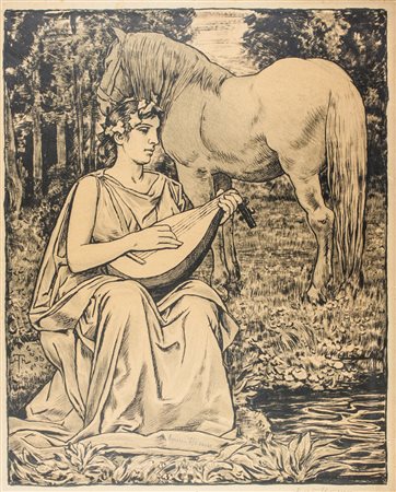 Hans Thoma Figura femminile con liuto e cavallo.1900 ca.Litografia. mm...