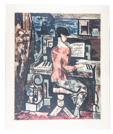 Jacques Villon Gromaire, La femme au piano.1926Acquatinta a colori. mm...