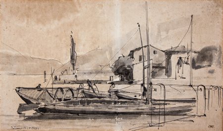 Pietro Annigoni Paesaggio lacustre con barca.1931Penna e inchiostro di china...