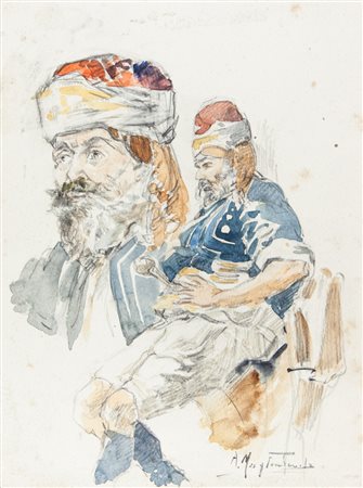 Arcadio Mas y Fondevila Studio di figura maschile con turbante. Acquerello su...