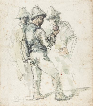 Arcadio Mas y Fondevila Tre figure maschili. Acquerello su carta. mm 270x230....