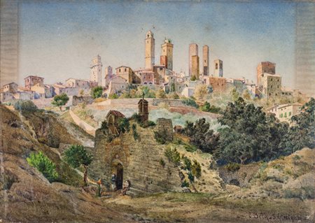 Christian Frederik Beck San Gimignano. Acquerello. mm 200x280. Firmato in...
