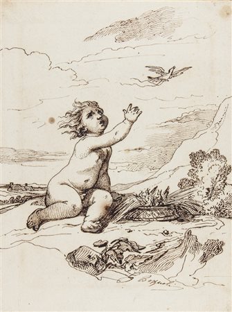 Giuseppe Bezzuoli Bimbo e nido di uccelli. - Penna e inchiostro di china su...