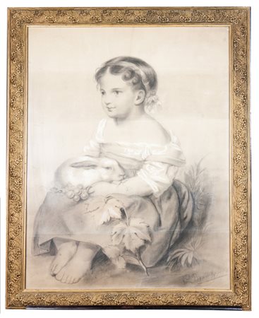 V. Bianchi (Secolo XIX )Bambina con coniglio. Matita nera su carta. mm...