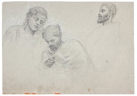 Noè Bordignon Studio di teste. Matita nera e gessetto bianco su carta avana....