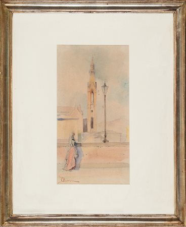 Odoardo Borrani Lungarno Serristori col campanile di S. Croce sullo sfondo....