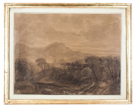 Antonio Fontanesi Paesaggio. Matita nera su carta avana con rialzi a pastello...