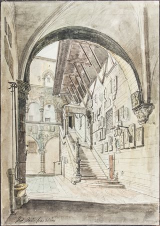 Giuseppe Gherardi Cortile del Bargello. Penna, inchiostro e acquerello su...