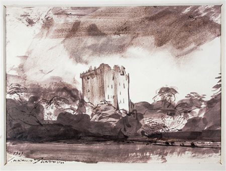 Luciano Guarnieri Paesaggio con rocca.1969Inchiostro bistro acquerellato su...