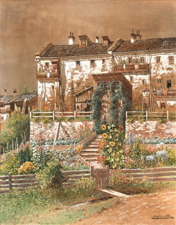 Vincenz Havlicek Case con giardino.1905Tempera su carta applicata su tela. mm...