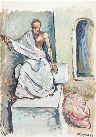 Rimtas Kalpokas Interno con manichino.1930 ca.Olio su carta. mm 500x350....