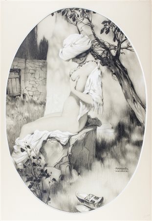 Raphael Kirchner Figura femminile nuda con turbante orientale. Matita nera...