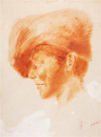 Antonio Mancini Testa di ragazzo con berretto. Inchiostro sanguigna...