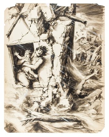 Walter Molino L'alluvione nel Salernitano.1954Penna e inchiostro nero...