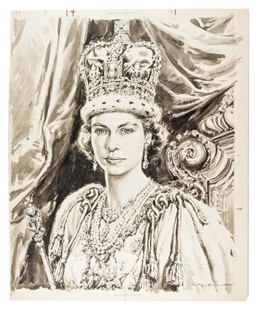 Walter Molino Elisabetta regina.1952Penna e inchiostro nero acquerellato su...