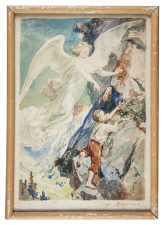 Luigi Morgari L'angelo custode.1910 ca.Acquerello su carta. mm 250x175....