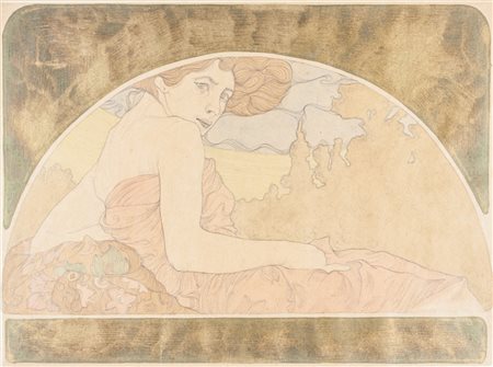 Alphonse Mucha Figura femminile decorativa. Matita, acquerello e oro su...