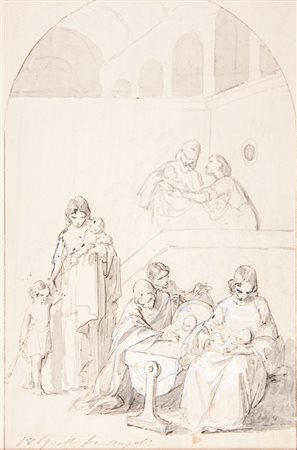Michele Napoli (De) Interno con donne e bambini.1869Penna e inchiostro...