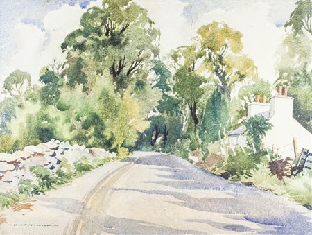 John Hobson Nicholson Paesaggio con viale alberato. Acquerello su cartone. mm...